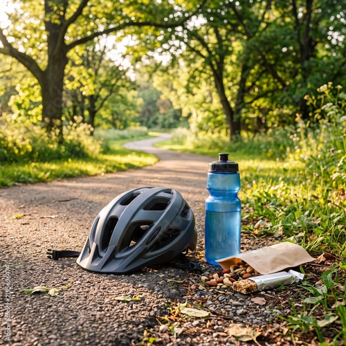 Bicycle helmet and water bottle with healthy snacks on a park path