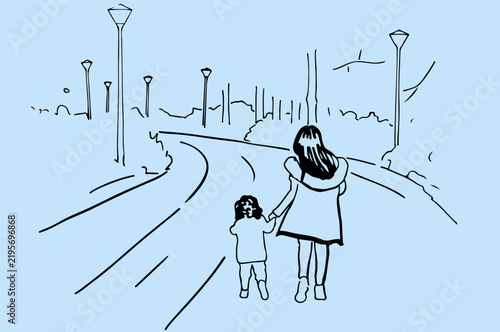 Brother and Sister Walking Hand in Hand Down a Park Pathway Line Art Illustration