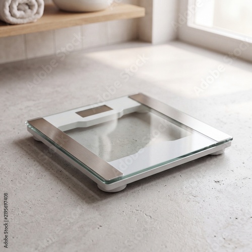 Digital bathroom scale on stone floor in bright modern room