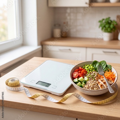 Digital kitchen scale and healthy salad bowl with measuring tape