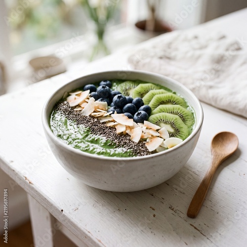 Healthy green smoothie bowl topped with fresh fruit and chia seeds