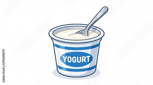 Creamy yogurt in a plastic cup with silver spoon illustration isolated on white background