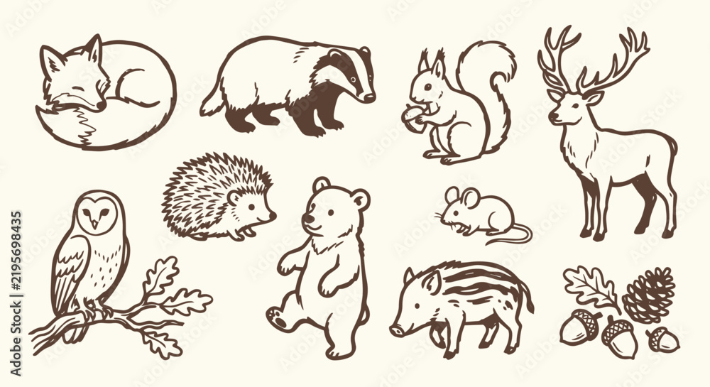 Obraz premium Cute Hand-Drawn European Woodland Forest Native Wildlife Set 10 Objects Marker Doodle Set