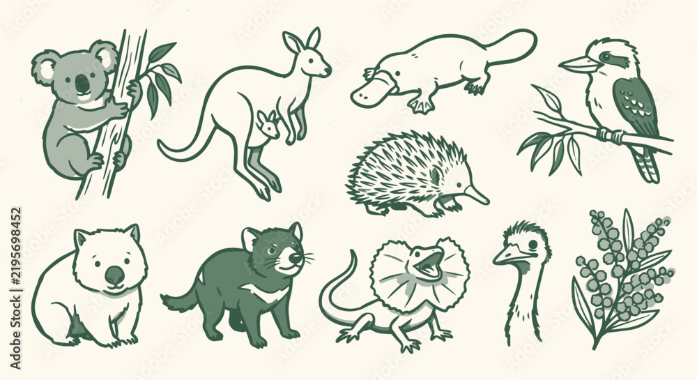 Obraz premium Cute Hand-Drawn Australian Outback Native Marsupials Wildlife Set 10 Objects Marker Doodle Set