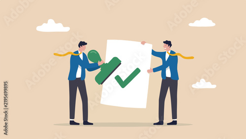 Loan approval, borrowing money, financial credit concept, flat rubber stamp marking a solid green check on a loan paper document, clean minimal flat vector illustration