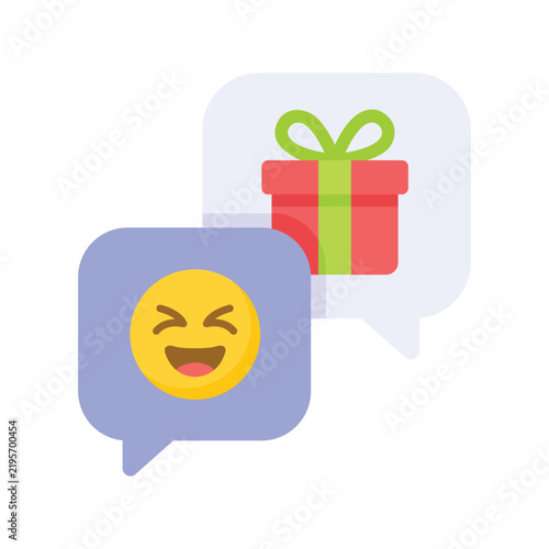 Online chat bubble notification icons with smiling yellow emoji and red gift box present.
