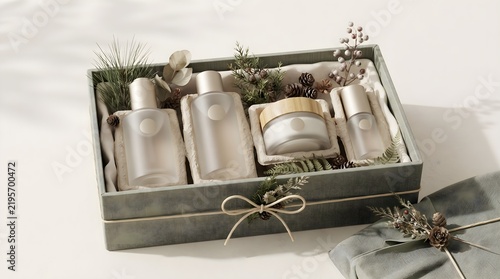Stylish cosmetic gift collection displayed in a refined presentation box with premium containers, neutral tones, and decorative botanical elements.