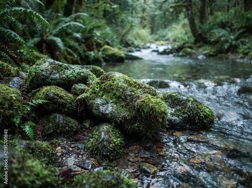 Crystal clear river stream flowing over moss covered rocks in a lush green forest