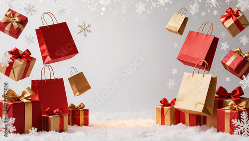 Red and gold shopping bags and gift boxes flying and landing on a festive snow background with sparkling snowflakes