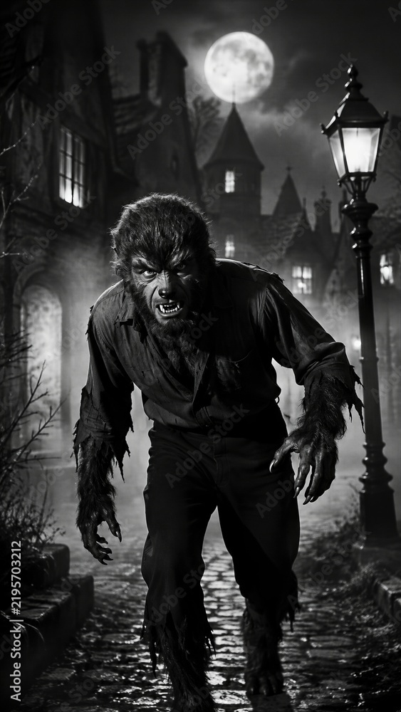 Obraz premium Werewolf prowling on old cobblestone street at night with full moon and vintage lantern. Classic black and white horror monster scene.