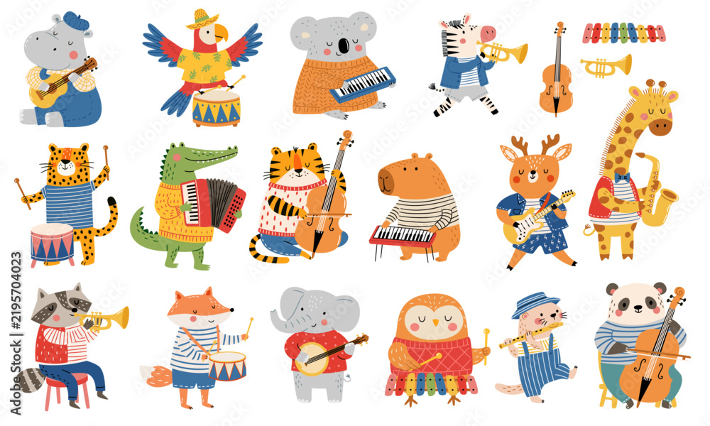 Fototapeta premium Cute collection of animal musicians playing different musical instruments, including guitar, drums, trumpet, keyboard, cello and saxophone. Playful characters in colorful outfits. Flat vector. Vector