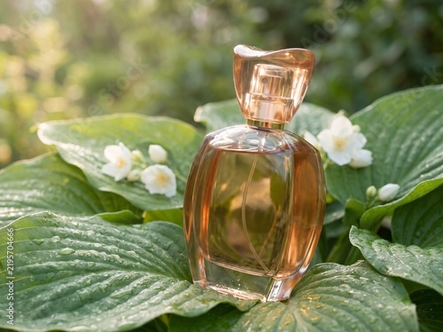 Elegant perfume bottle with amber liquid resting on dewy green leaves and white flowers