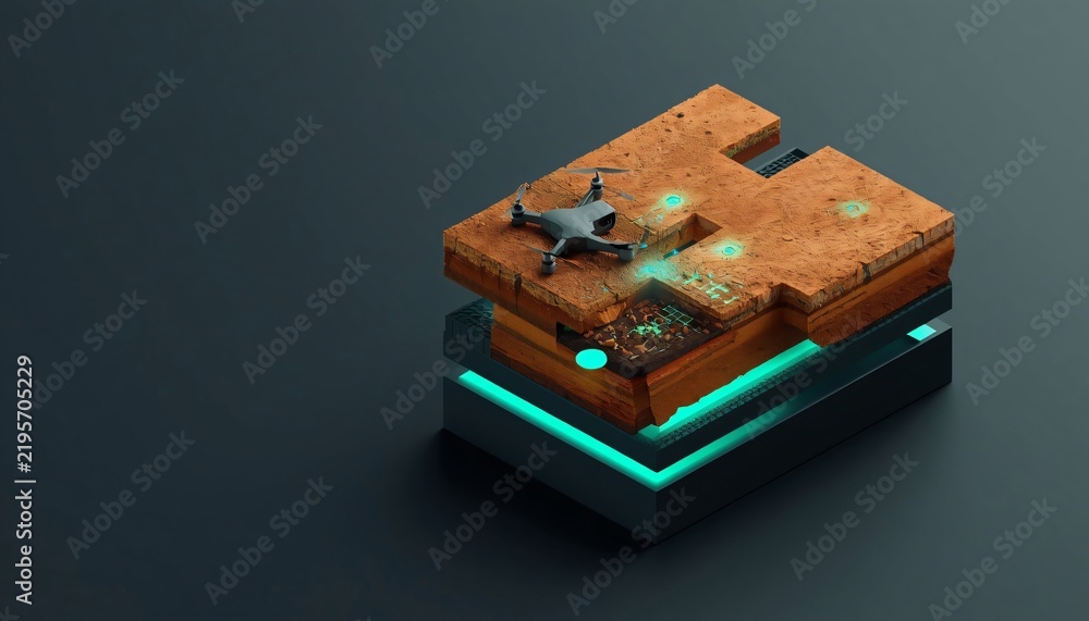 Obraz premium Unique 3D architectural cross-section of smart agriculture and digital farming with soil sensors
