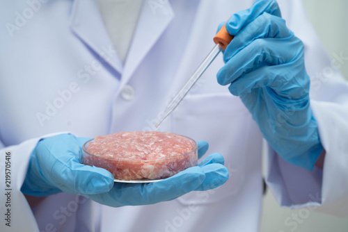 Scientist holding Petri dish with meat in science laboratory for food product development.