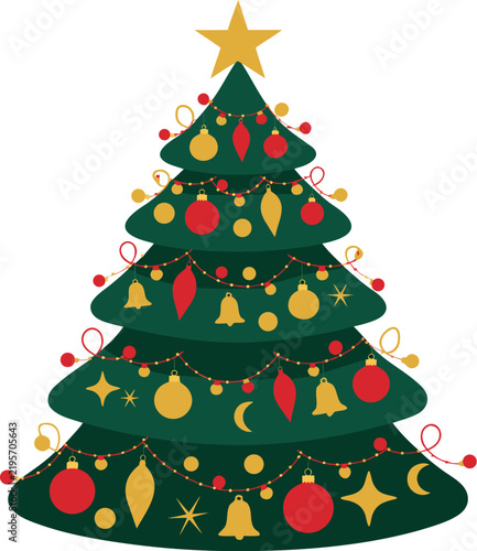 Decorated Black Christmas Tree with Gold and Red Ornaments, Classic Festive Holiday Vector Illustration