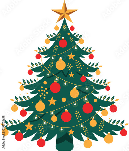 Dark Green Christmas Tree with Golden and Red Festive Ornaments, Traditional Holiday Decoration Vector