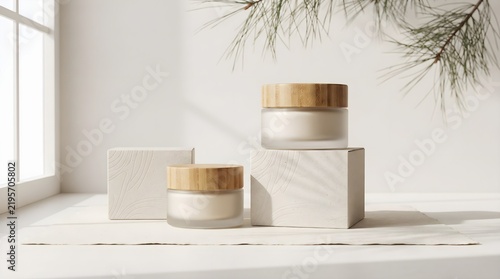 Modern sustainable cosmetic packaging collection featuring premium containers, neutral colors, natural accents, and clean minimalist composition.