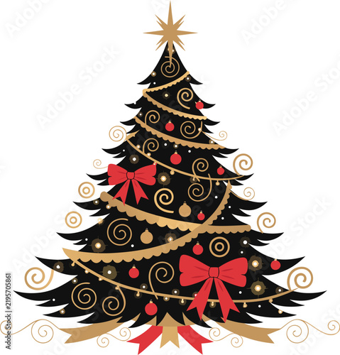 Colorful Christmas Tree with Red, Green and Gold Ornaments, Cheerful Holiday Celebration Vector Illustration