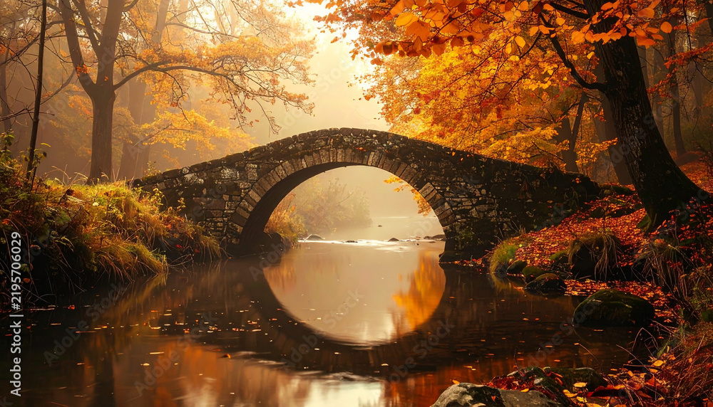 Obraz premium Old stone bridge over small river in autumn woodland with moody cinematic atmospheric mood generative AI
