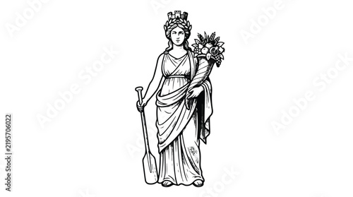 Classical goddess with cornucopia and oar engraving vector illustration for historic emblem or abundance concept isolated on white background