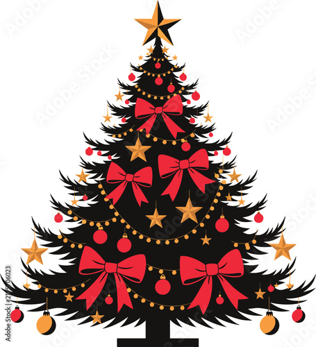 Elegant Green Christmas Tree with Red and Gold Ornaments, Festive Holiday Decoration Vector Illustration