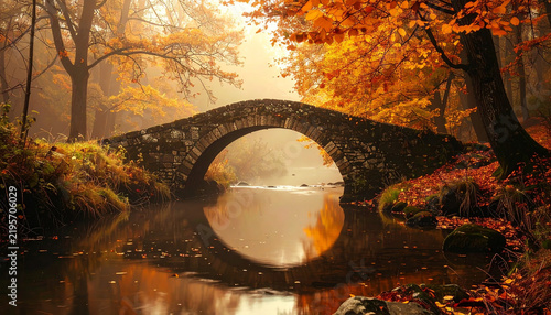 Old stone bridge over small river in autumn woodland with moody cinematic atmospheric mood generative AI