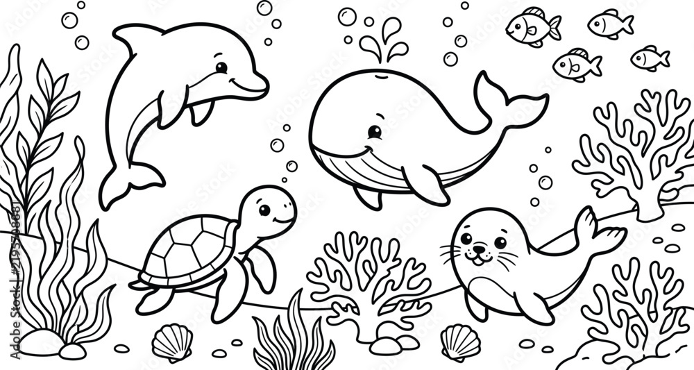 Fototapeta premium Cute Ocean Animals Coloring Page Kids Underwater Vector Art