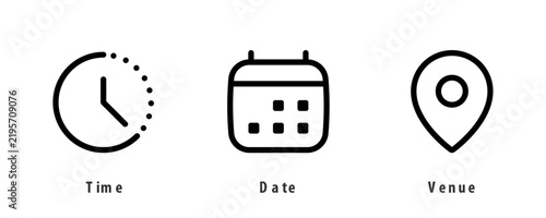 Time, date, and venue location calendar icon collection. Editable vector clip art elements