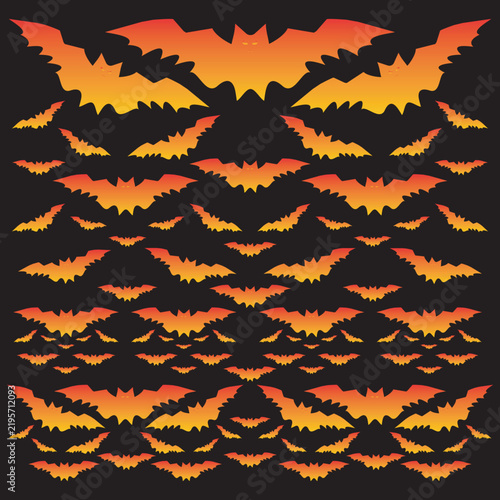 Halloween bats flying silhouette spooky orange and black background for october 31st