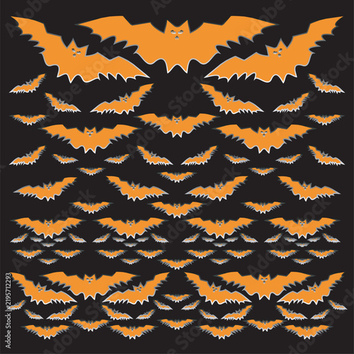 Halloween bats flying silhouette spooky orange and black background for october 31st