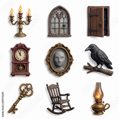 Gothic Haunted House Objects Vector Illustration Set For Halloween
