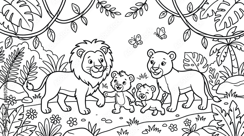 Fototapeta premium Cute Lion Coloring Page Kids Jungle Vector Illustration Art