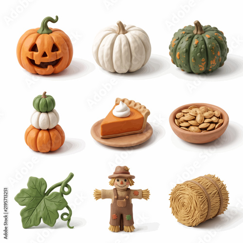 Autumn Harvest Pumpkin 3D Vector Illustration Clipart Icon Set