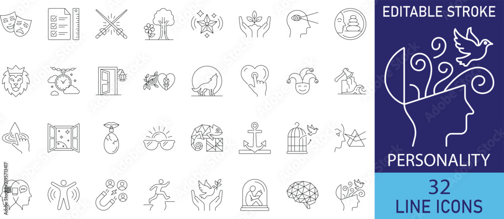 Fototapeta premium Human personality traits and psychological character behavior line icon set. Vector symbols for introversion vs extroversion balance, emotional mood masks, creative vs logical brain, leadership charis