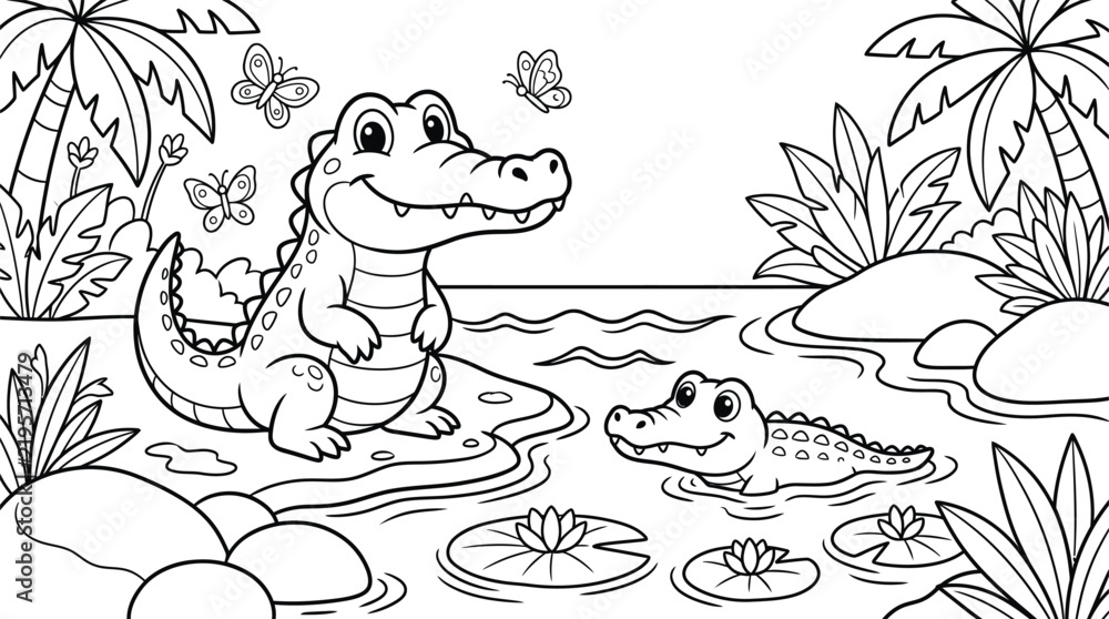 Obraz premium Happy Crocodile Coloring Page Kids River Vector Illustration Art