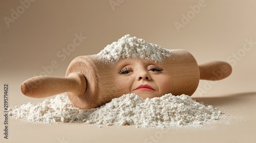 Funny Christmas cooking photo of a tired flour-covered rolling pin, warm beige wall.