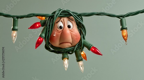 Humorous Christmas decorating photo of tangled lights looking embarrassed, pastel green wall.