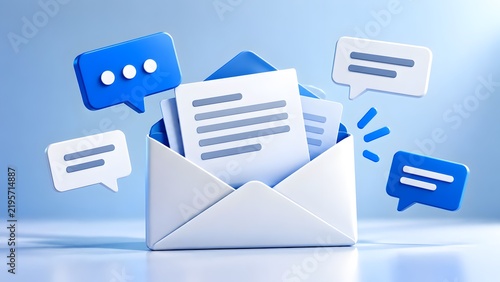 Email marketing and communication concept with 3D open envelope document and blue chat speech bubbles.