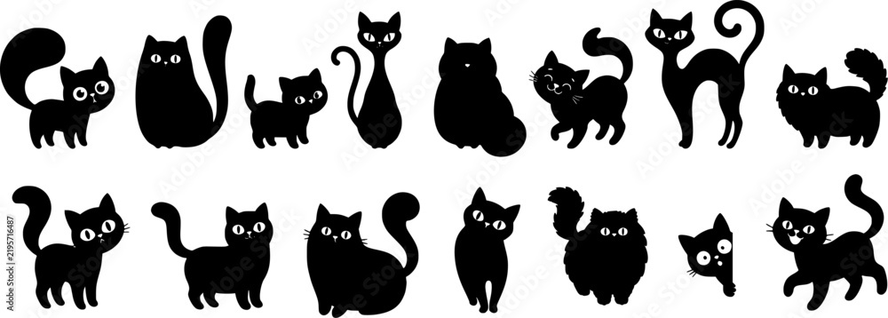 Obraz premium Black Cat Silhouette Vector Collection in Various Poses, Cute Halloween Feline Character Set