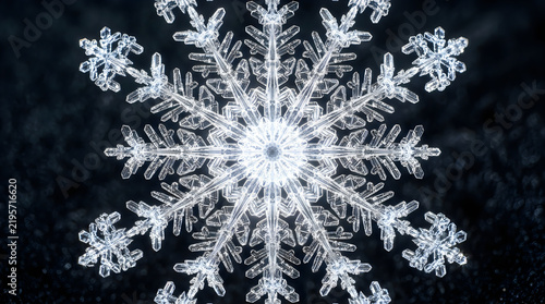 Intricate snowflake crystal glistening with frost during winter