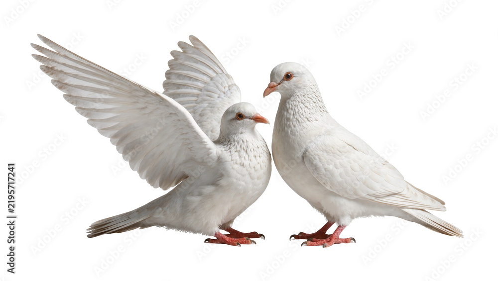 Obraz premium Two white doves with spread wings, isolated on transparent background