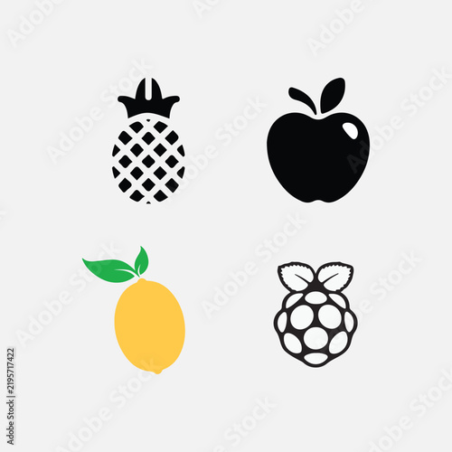 Fruit icon set, collection, juicy, apple, pineapple, lemon