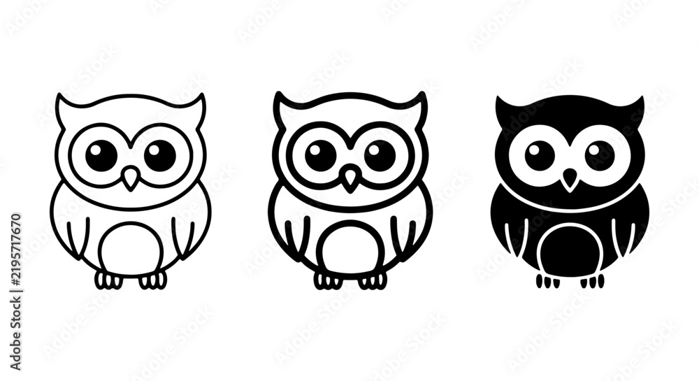 Fototapeta premium Cute Owl Icons Set, Simple Vector Graphics, Cartoon Bird Illustrations, Minimalist Woodland Creature Designs