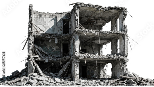 Ruined concrete building structure with debris and exposed rebar, isolated on transparent background