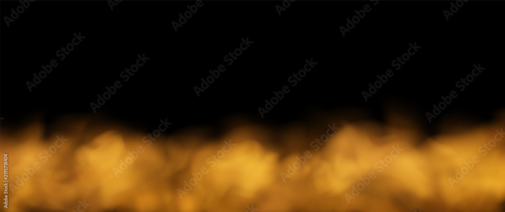 Obraz premium Orange smoke bottom border. Vector realistic overlay effect. Hot fog with transparency