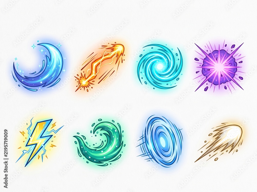 Fototapeta premium Eight vibrant elemental and magical spell effects, including water, fire, wind, lightning, and energy bursts, on a white background.
