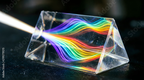 Glass prism refracting light into colorful spectrum during optical experiment