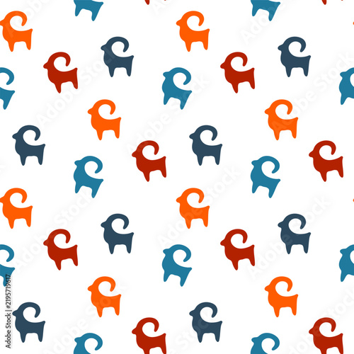 Wild goat vector seamless pattern featuring stylized horned ram silhouettes i...