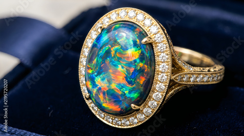 Oval black opal ring with diamond halo in gold setting during studio lighting