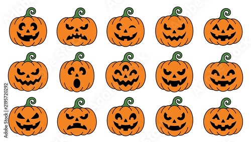 Collection of halloween jack o lantern pumpkins with various faces